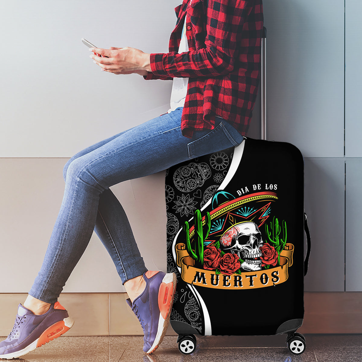 Mexico Day Of The Dead Luggage Cover Sombrero Sugar Skull With Roses - Wonder Print Shop