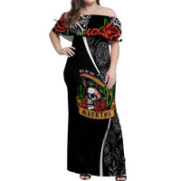 Mexico Day Of The Dead Off Shoulder Maxi Dress Sombrero Sugar Skull With Roses - Wonder Print Shop