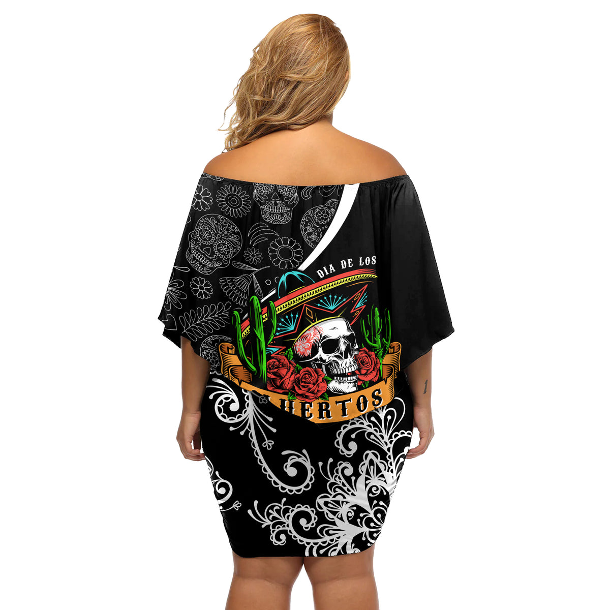 Mexico Day Of The Dead Off Shoulder Short Dress Sombrero Sugar Skull With Roses - Wonder Print Shop