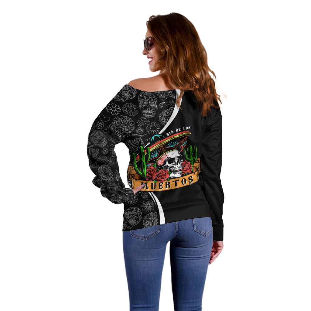 Mexico Day Of The Dead Off Shoulder Sweater Sombrero Sugar Skull With Roses - Wonder Print Shop