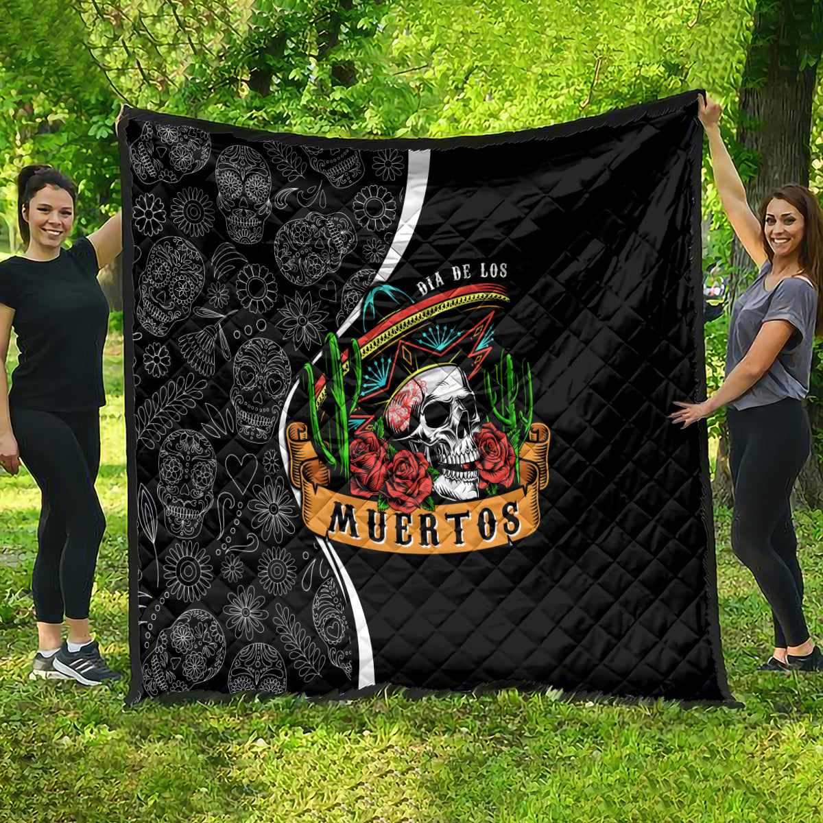 Mexico Day Of The Dead Quilt Sombrero Sugar Skull With Roses - Wonder Print Shop
