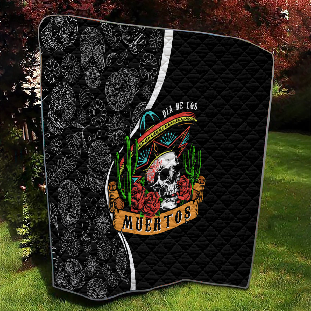 Mexico Day Of The Dead Quilt Sombrero Sugar Skull With Roses - Wonder Print Shop
