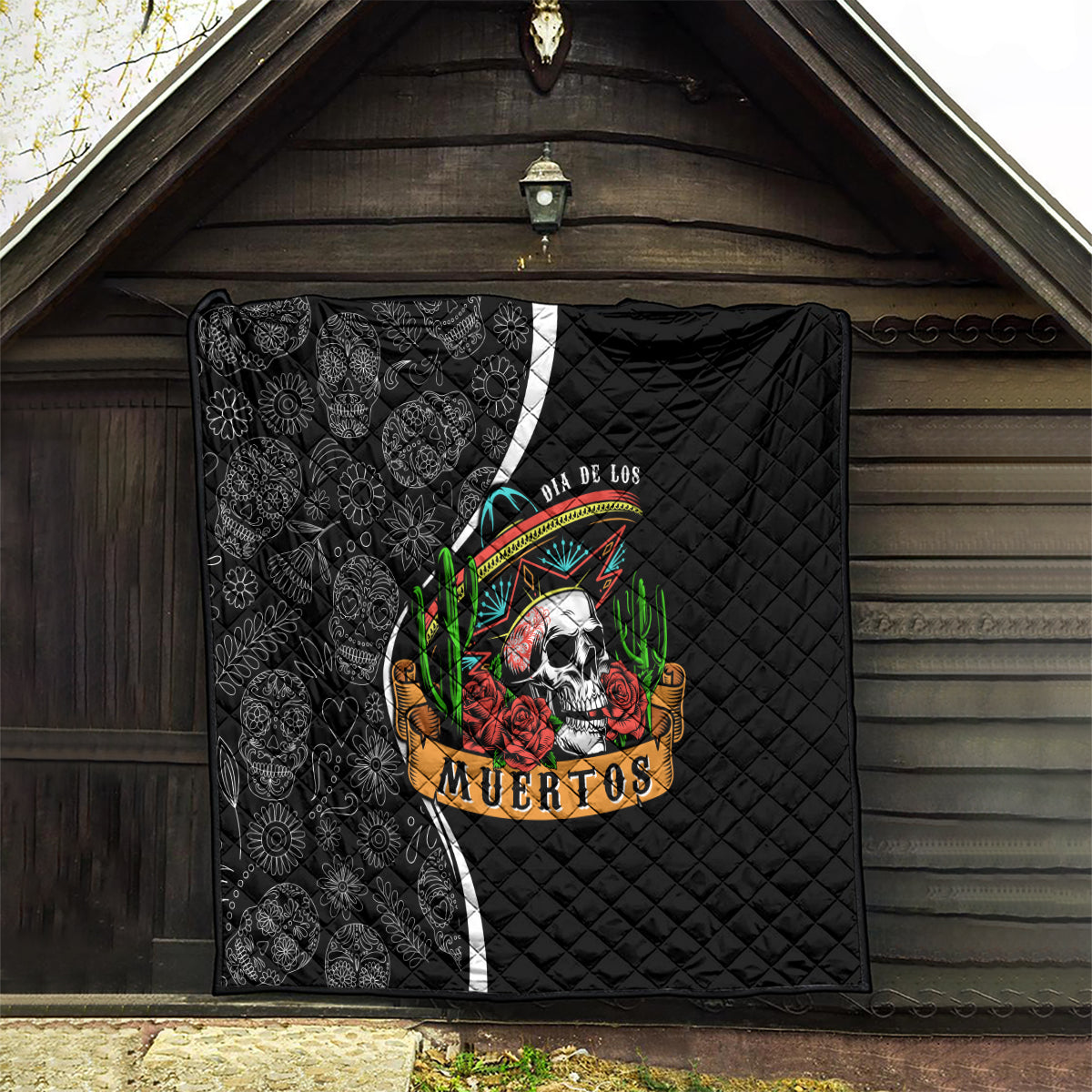 Mexico Day Of The Dead Quilt Sombrero Sugar Skull With Roses - Wonder Print Shop