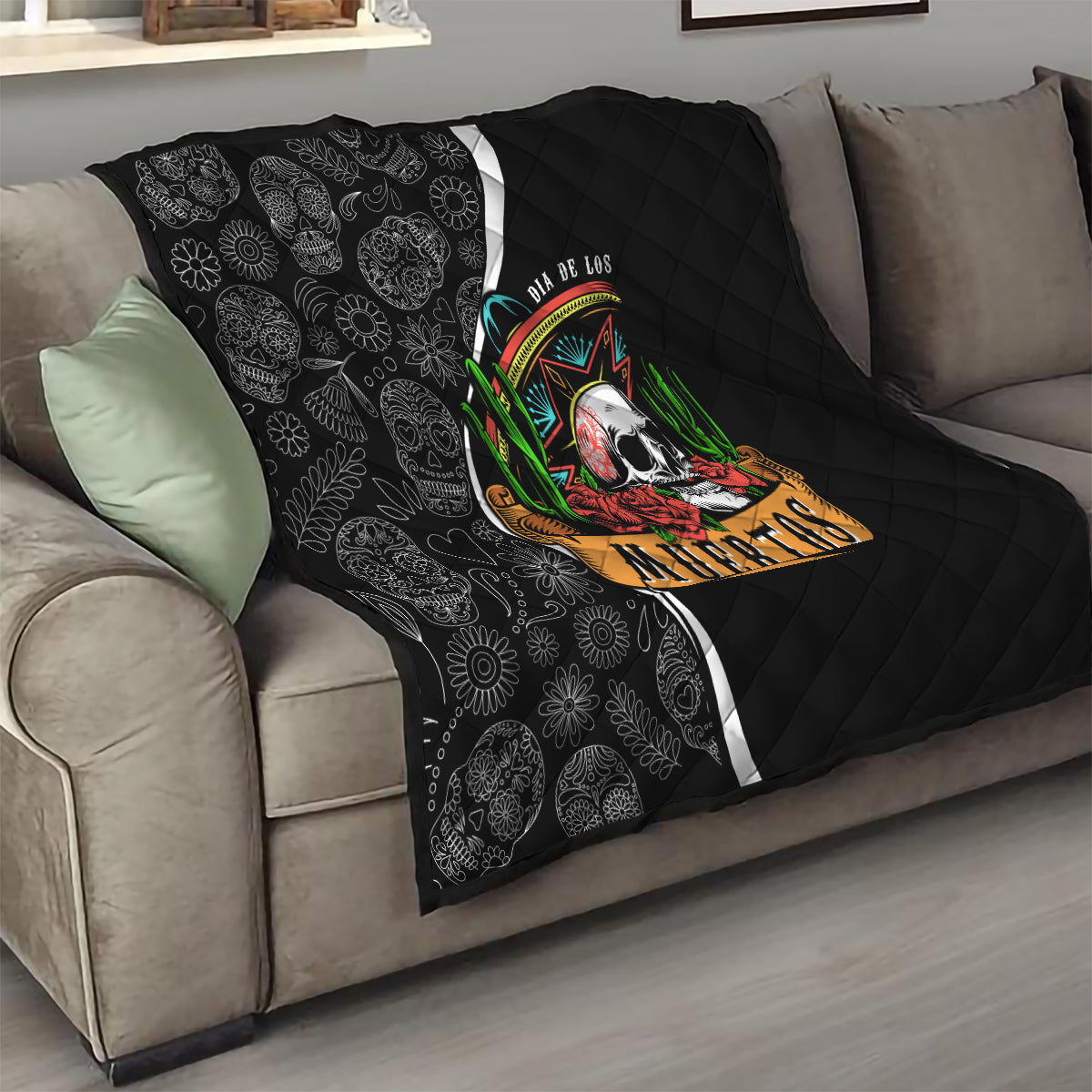 Mexico Day Of The Dead Quilt Sombrero Sugar Skull With Roses - Wonder Print Shop