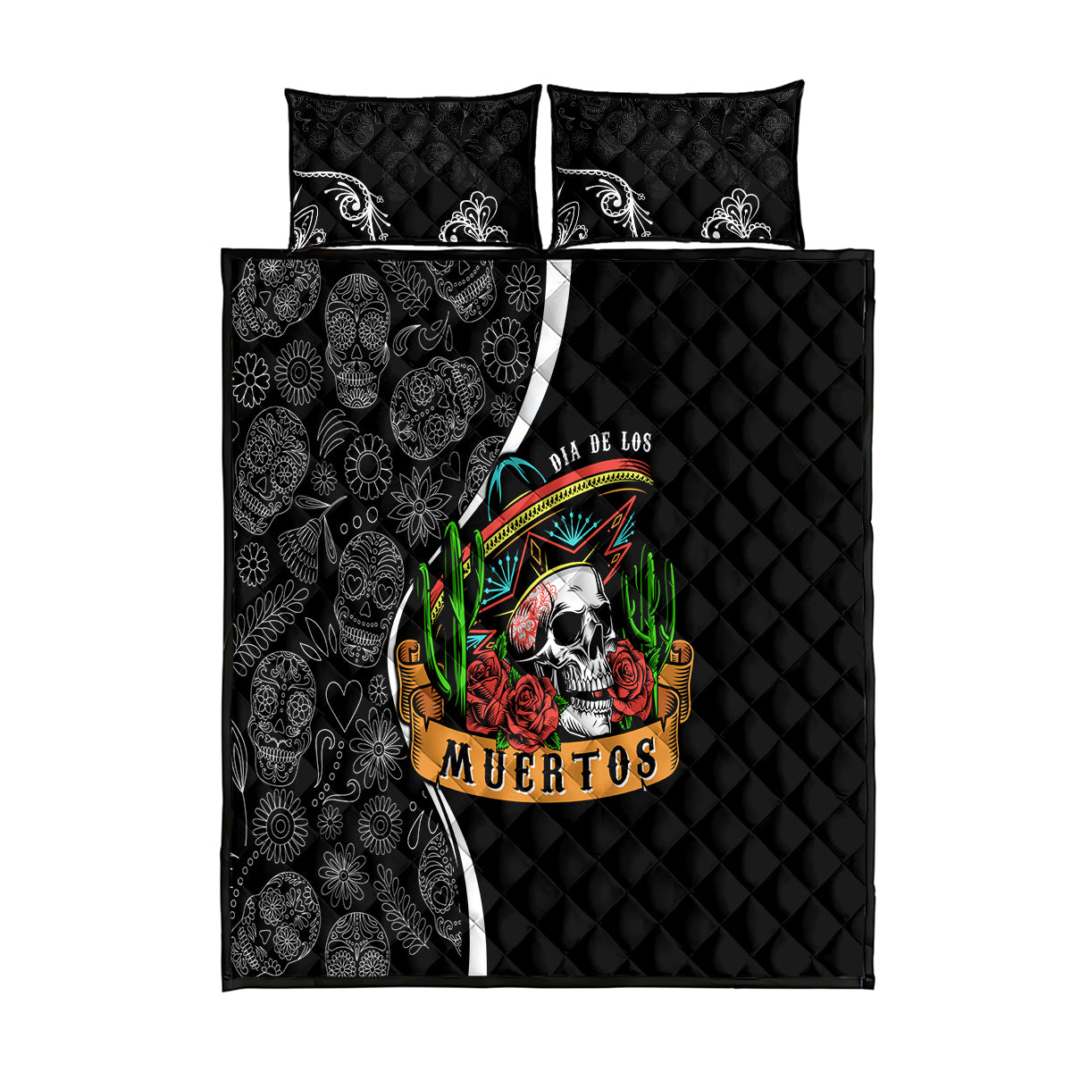 Mexico Day Of The Dead Quilt Bed Set Sombrero Sugar Skull With Roses - Wonder Print Shop