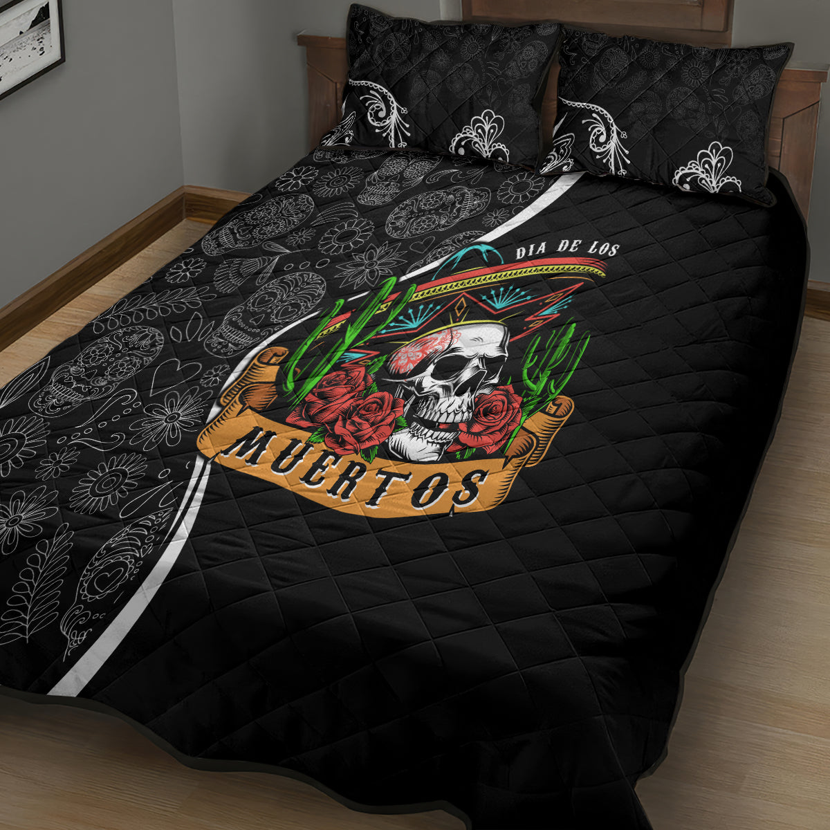 Mexico Day Of The Dead Quilt Bed Set Sombrero Sugar Skull With Roses - Wonder Print Shop