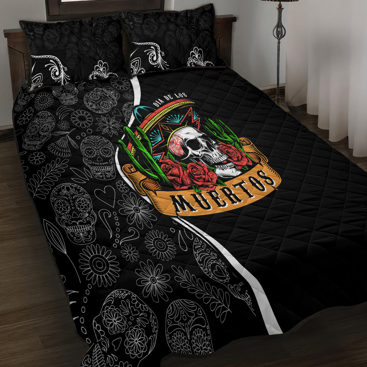 Mexico Day Of The Dead Quilt Bed Set Sombrero Sugar Skull With Roses - Wonder Print Shop