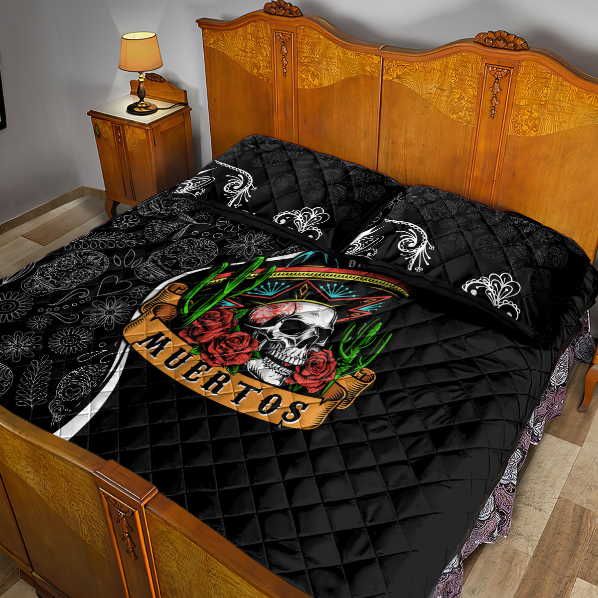 Mexico Day Of The Dead Quilt Bed Set Sombrero Sugar Skull With Roses - Wonder Print Shop