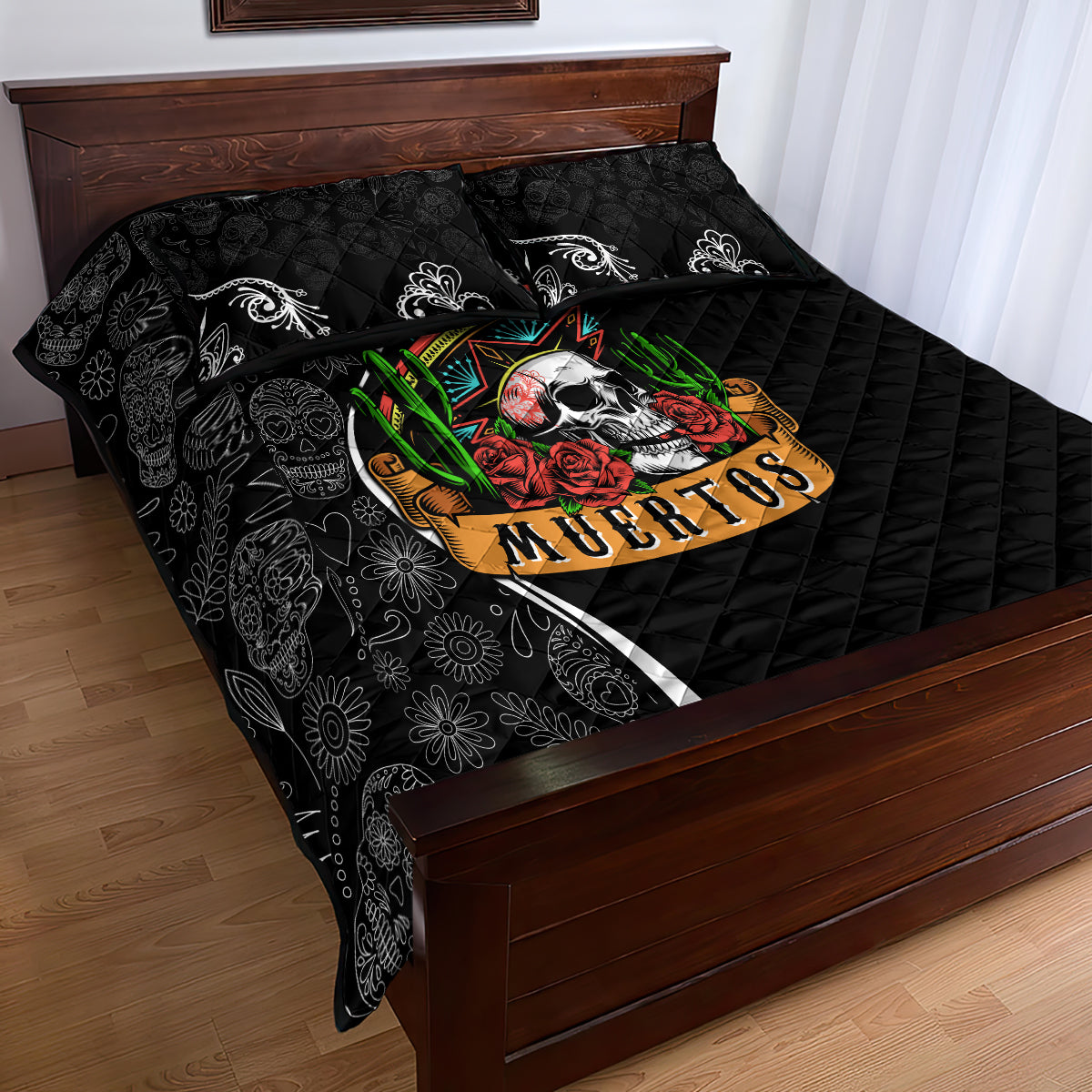 Mexico Day Of The Dead Quilt Bed Set Sombrero Sugar Skull With Roses - Wonder Print Shop