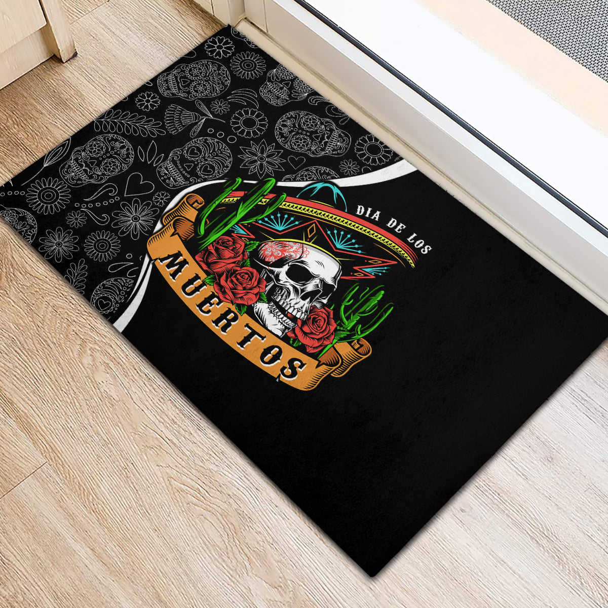 Mexico Day Of The Dead Rubber Doormat Sombrero Sugar Skull With Roses - Wonder Print Shop