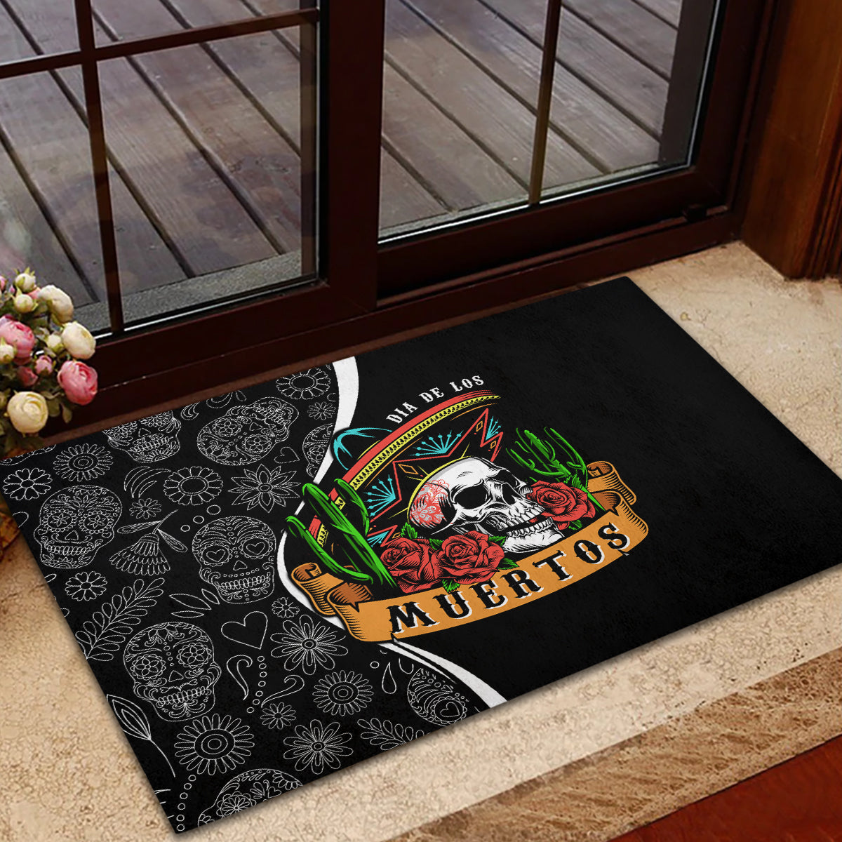 Mexico Day Of The Dead Rubber Doormat Sombrero Sugar Skull With Roses - Wonder Print Shop