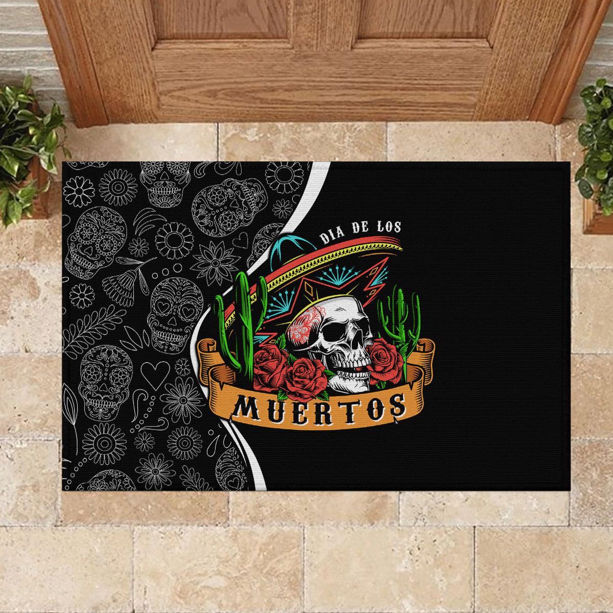 Mexico Day Of The Dead Rubber Doormat Sombrero Sugar Skull With Roses - Wonder Print Shop