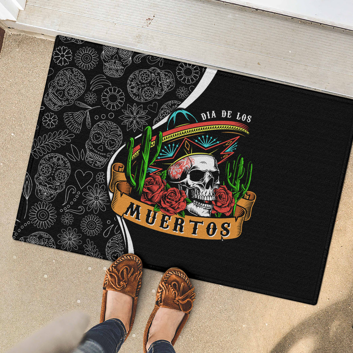 Mexico Day Of The Dead Rubber Doormat Sombrero Sugar Skull With Roses - Wonder Print Shop