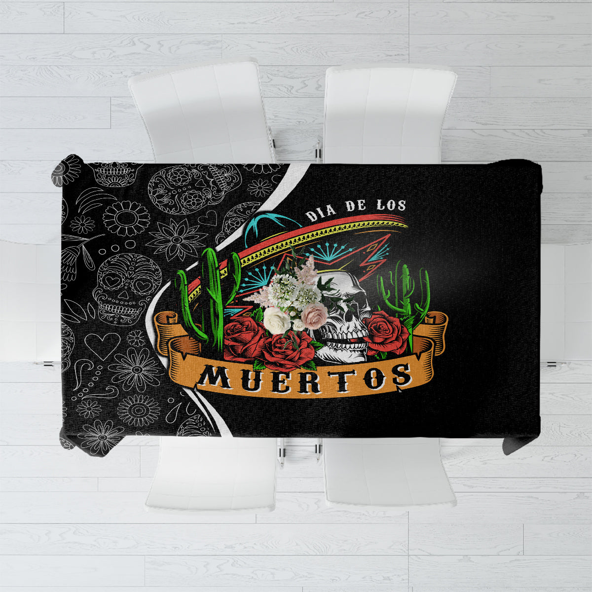 Mexico Day Of The Dead Tablecloth Sombrero Sugar Skull With Roses - Wonder Print Shop