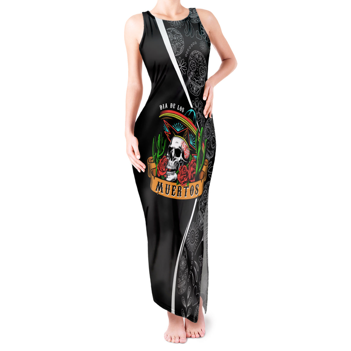 Mexico Day Of The Dead Tank Maxi Dress Sombrero Sugar Skull With Roses - Wonder Print Shop