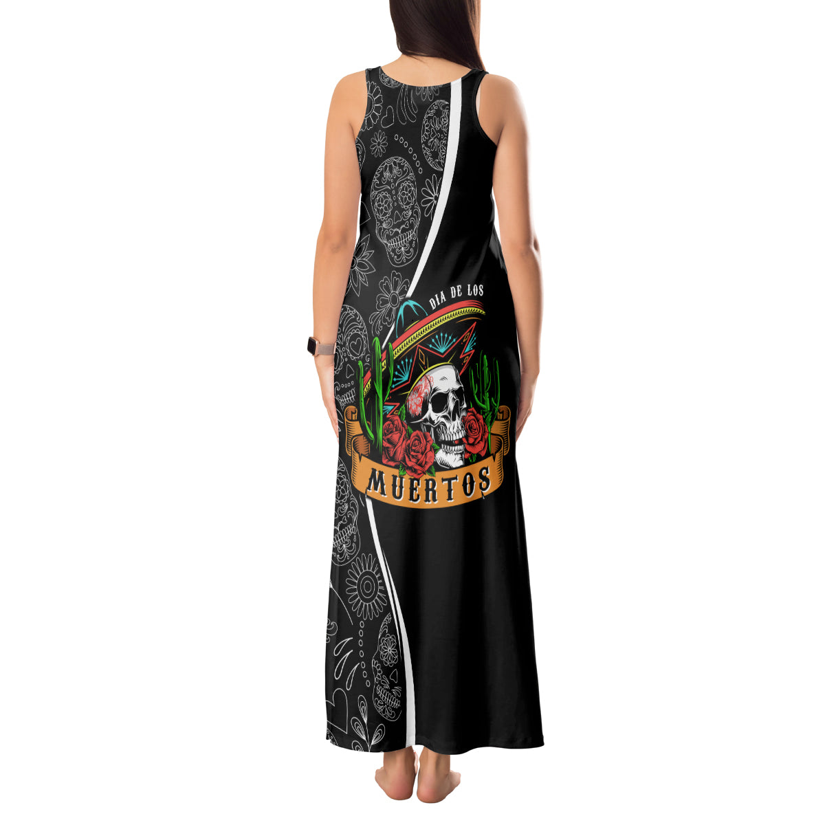 Mexico Day Of The Dead Tank Maxi Dress Sombrero Sugar Skull With Roses - Wonder Print Shop