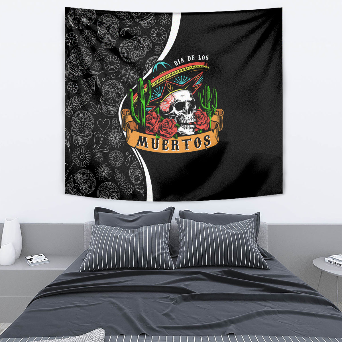 Mexico Day Of The Dead Tapestry Sombrero Sugar Skull With Roses - Wonder Print Shop