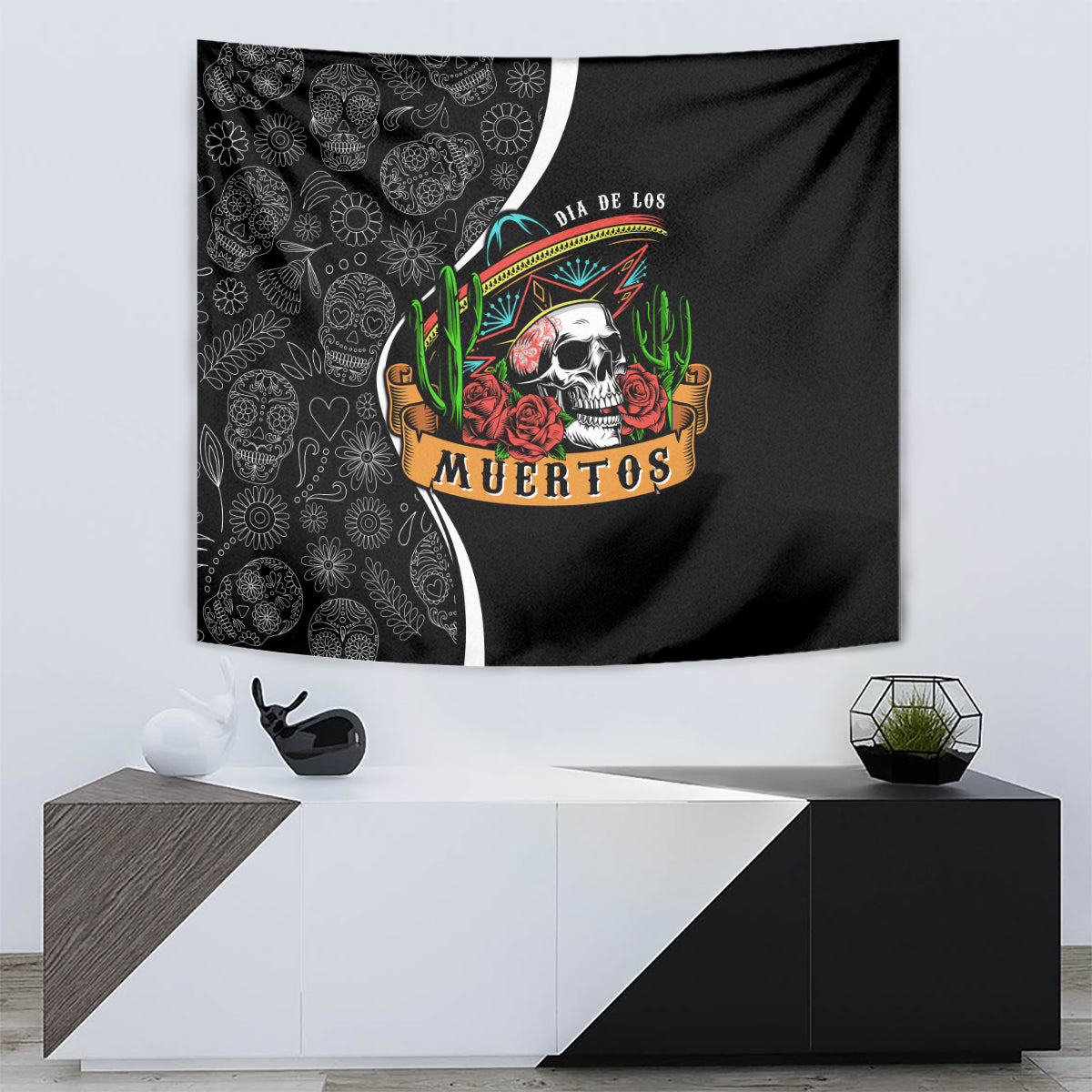 Mexico Day Of The Dead Tapestry Sombrero Sugar Skull With Roses - Wonder Print Shop