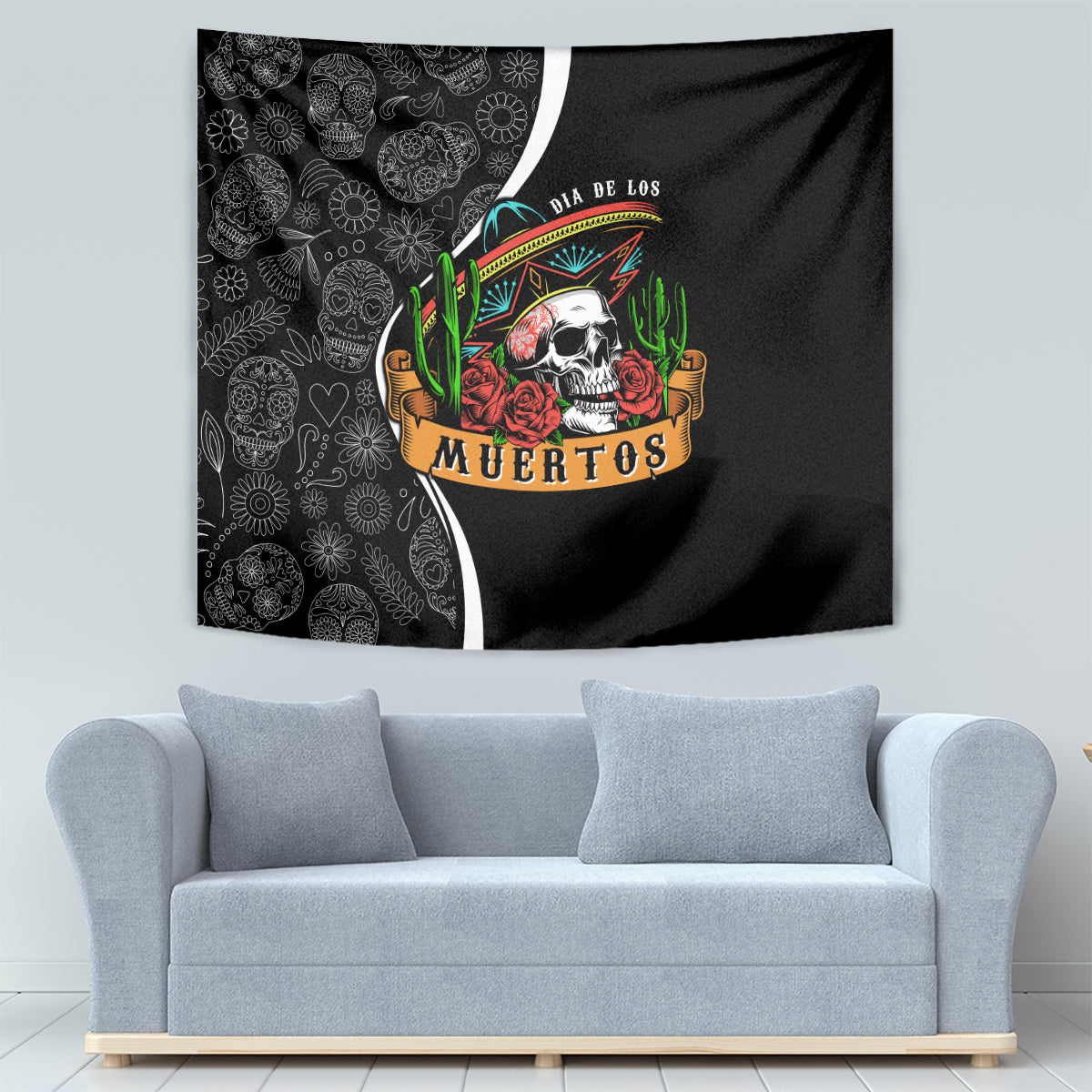 Mexico Day Of The Dead Tapestry Sombrero Sugar Skull With Roses - Wonder Print Shop
