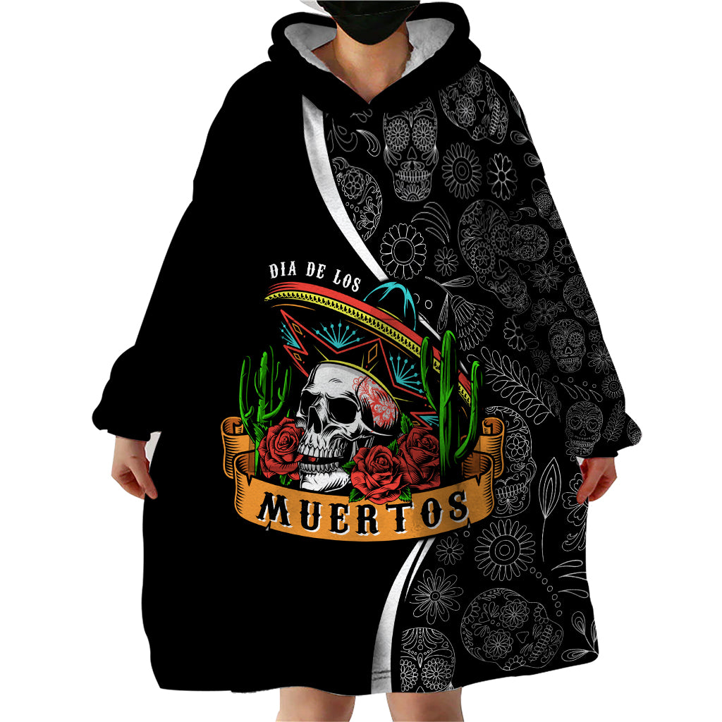 Mexico Day Of The Dead Wearable Blanket Hoodie Sombrero Sugar Skull With Roses - Wonder Print Shop