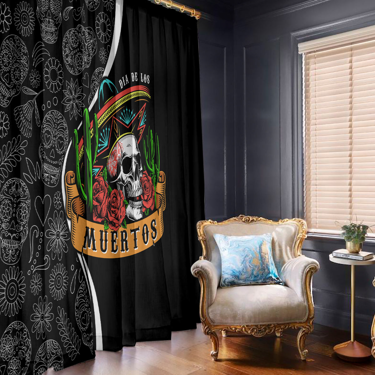 Mexico Day Of The Dead Window Curtain Sombrero Sugar Skull With Roses - Wonder Print Shop
