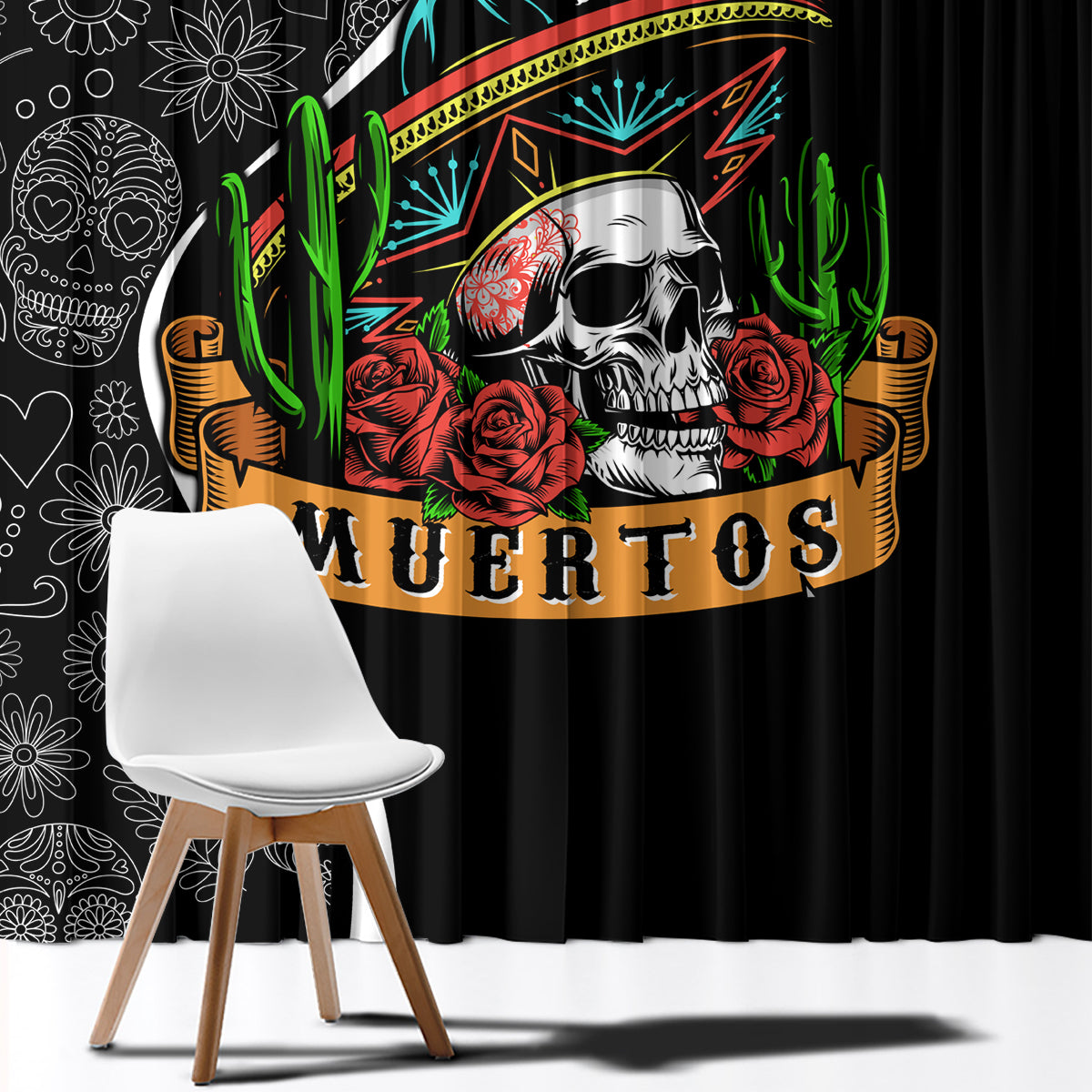 Mexico Day Of The Dead Window Curtain Sombrero Sugar Skull With Roses - Wonder Print Shop