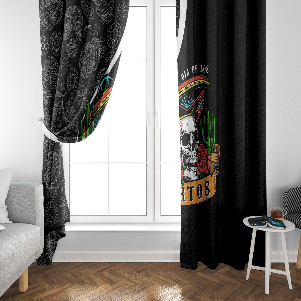 Mexico Day Of The Dead Window Curtain Sombrero Sugar Skull With Roses - Wonder Print Shop