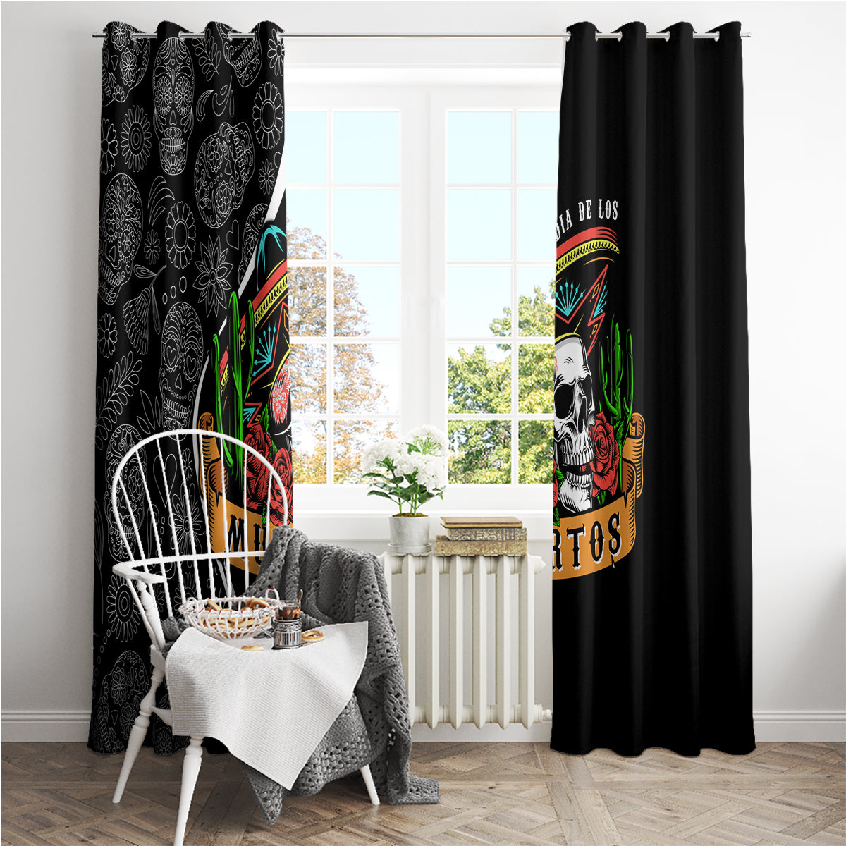 Mexico Day Of The Dead Window Curtain Sombrero Sugar Skull With Roses - Wonder Print Shop
