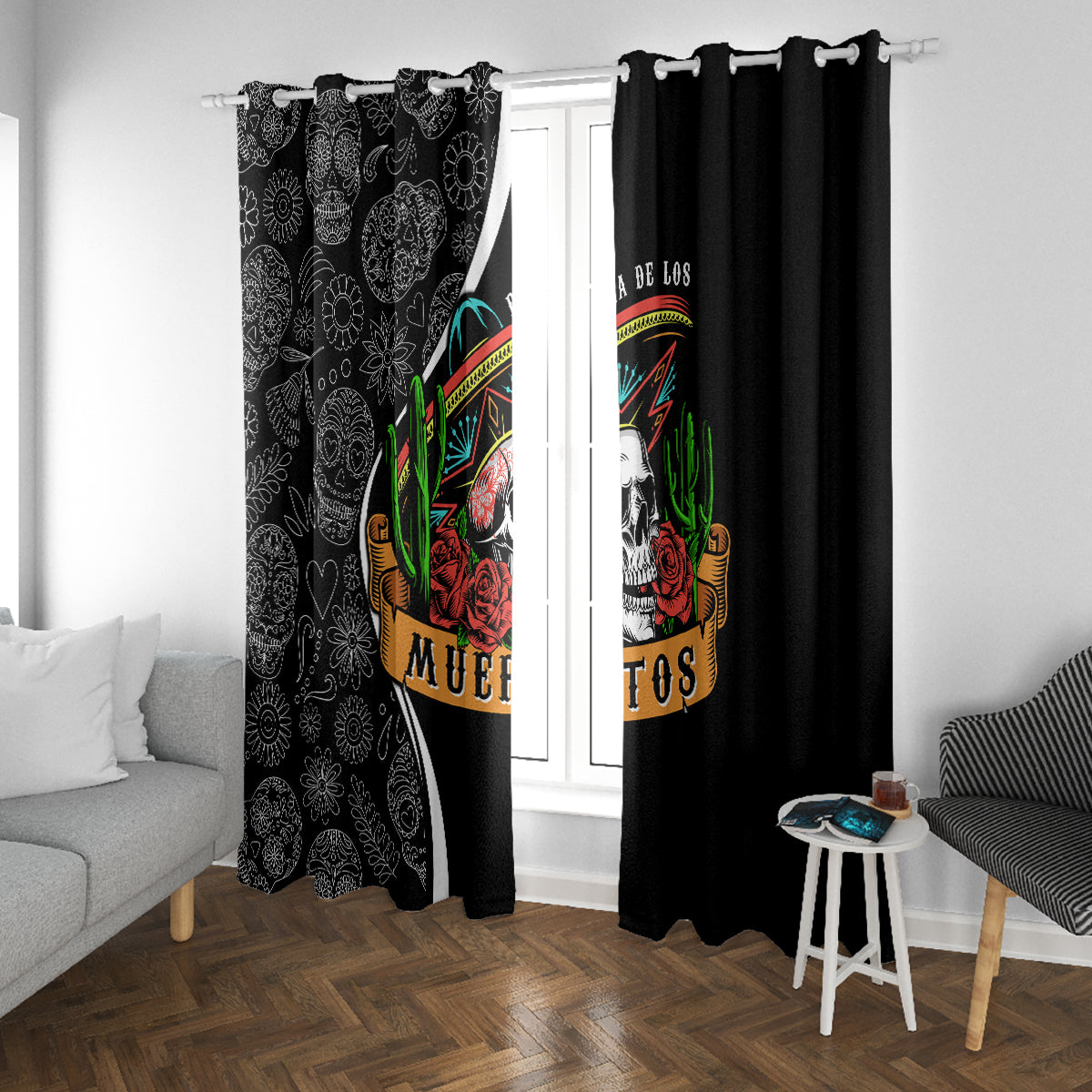 Mexico Day Of The Dead Window Curtain Sombrero Sugar Skull With Roses - Wonder Print Shop