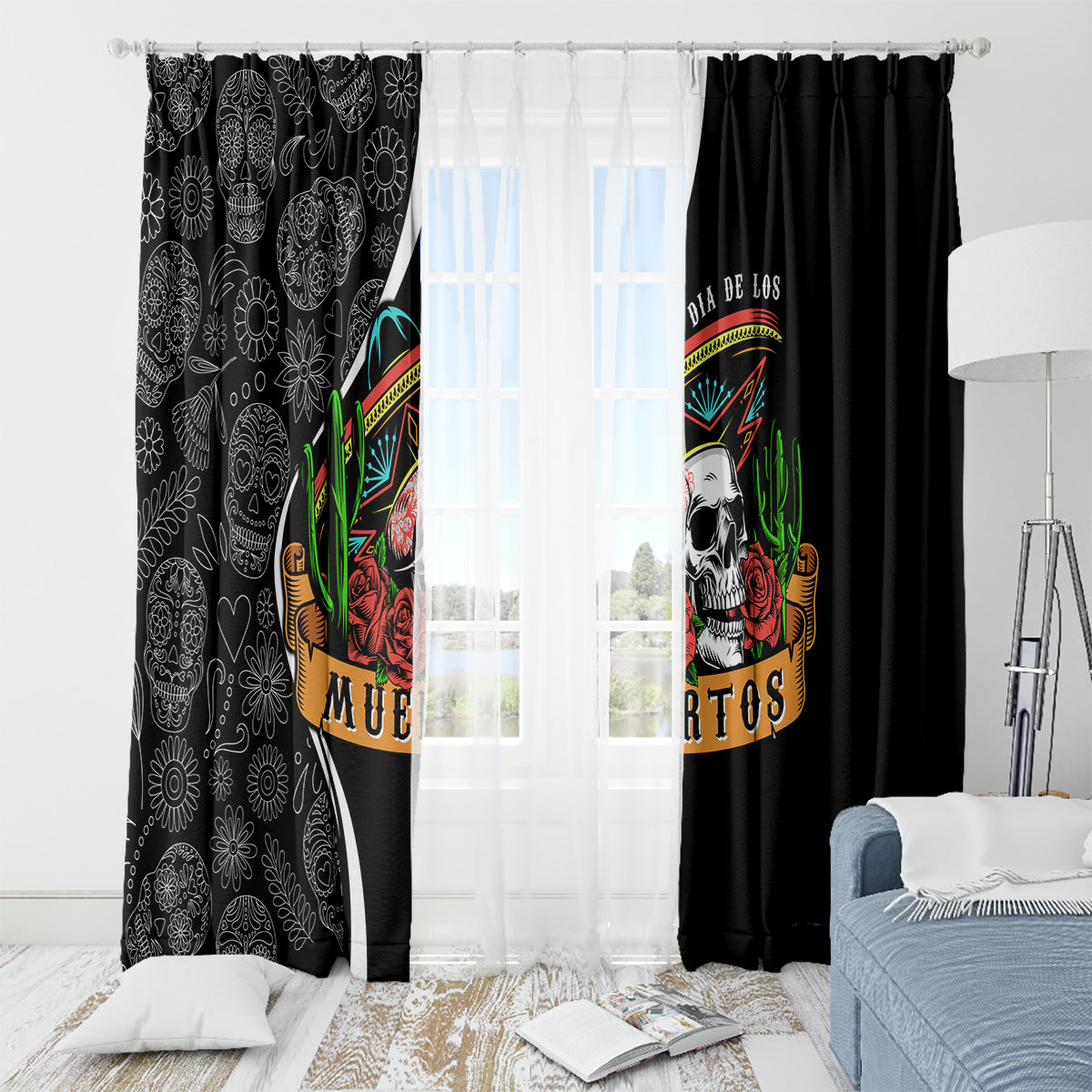 Mexico Day Of The Dead Window Curtain Sombrero Sugar Skull With Roses - Wonder Print Shop