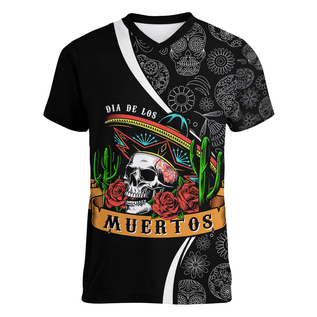 Mexico Day Of The Dead Women V Neck T Shirt Sombrero Sugar Skull With Roses - Wonder Print Shop