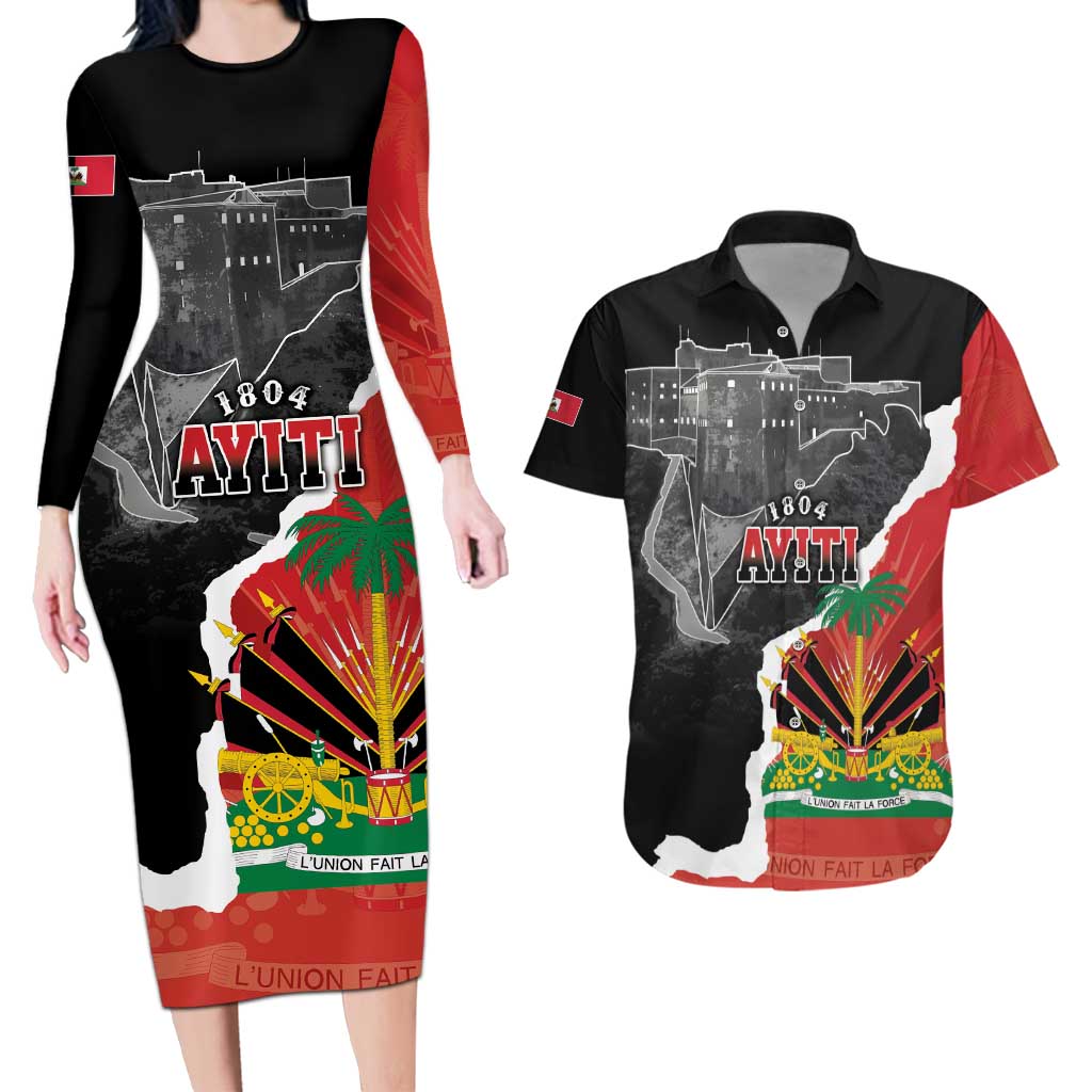 Personalized Haiti First Black Republic 1804 Couples Matching Long Sleeve Bodycon Dress and Hawaiian Shirt Ayiti Citadel Laferriere