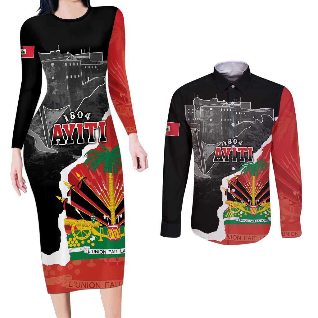 Personalized Haiti First Black Republic 1804 Couples Matching Long Sleeve Bodycon Dress and Long Sleeve Button Shirt Ayiti Citadel Laferriere