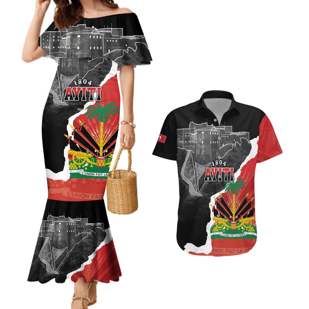 Personalized Haiti First Black Republic 1804 Couples Matching Mermaid Dress and Hawaiian Shirt Ayiti Citadel Laferriere