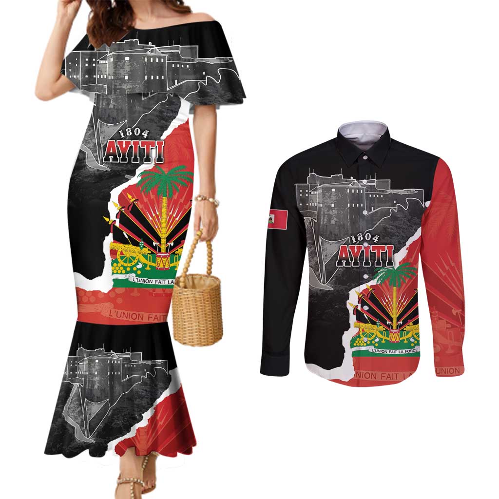 Personalized Haiti First Black Republic 1804 Couples Matching Mermaid Dress and Long Sleeve Button Shirt Ayiti Citadel Laferriere