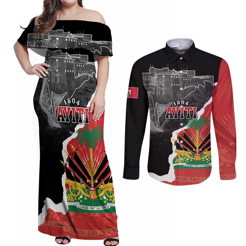 Personalized Haiti First Black Republic 1804 Couples Matching Off Shoulder Maxi Dress and Long Sleeve Button Shirt Ayiti Citadel Laferriere