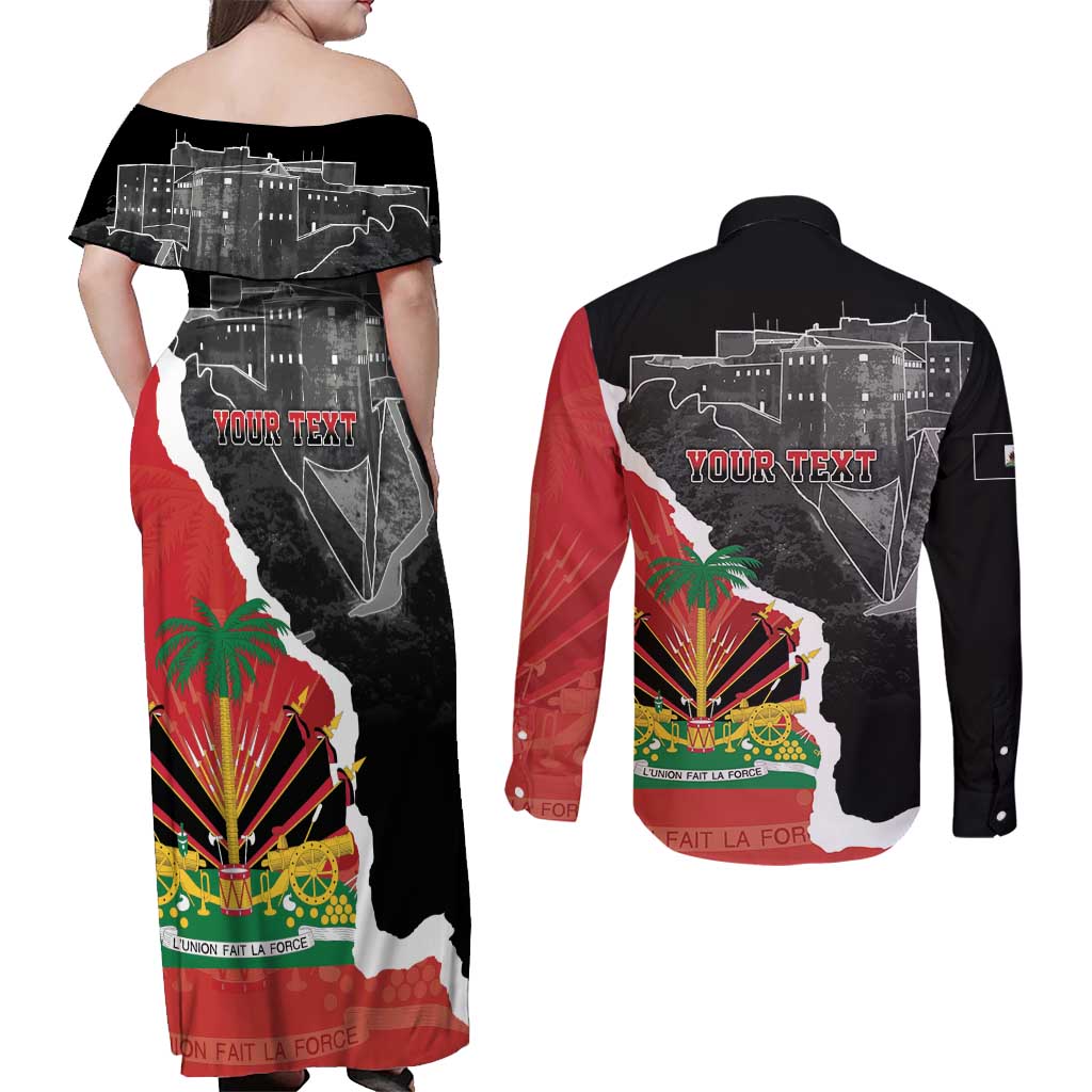 Personalized Haiti First Black Republic 1804 Couples Matching Off Shoulder Maxi Dress and Long Sleeve Button Shirt Ayiti Citadel Laferriere