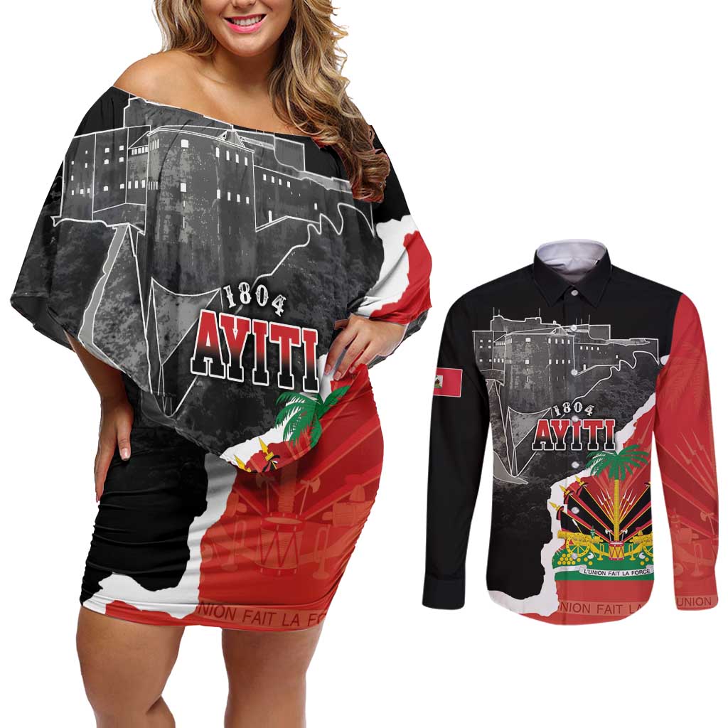 Personalized Haiti First Black Republic 1804 Couples Matching Off Shoulder Short Dress and Long Sleeve Button Shirt Ayiti Citadel Laferriere