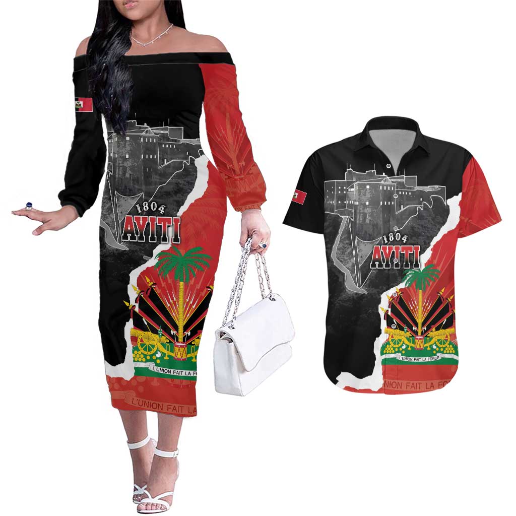 Personalized Haiti First Black Republic 1804 Couples Matching Off The Shoulder Long Sleeve Dress and Hawaiian Shirt Ayiti Citadel Laferriere