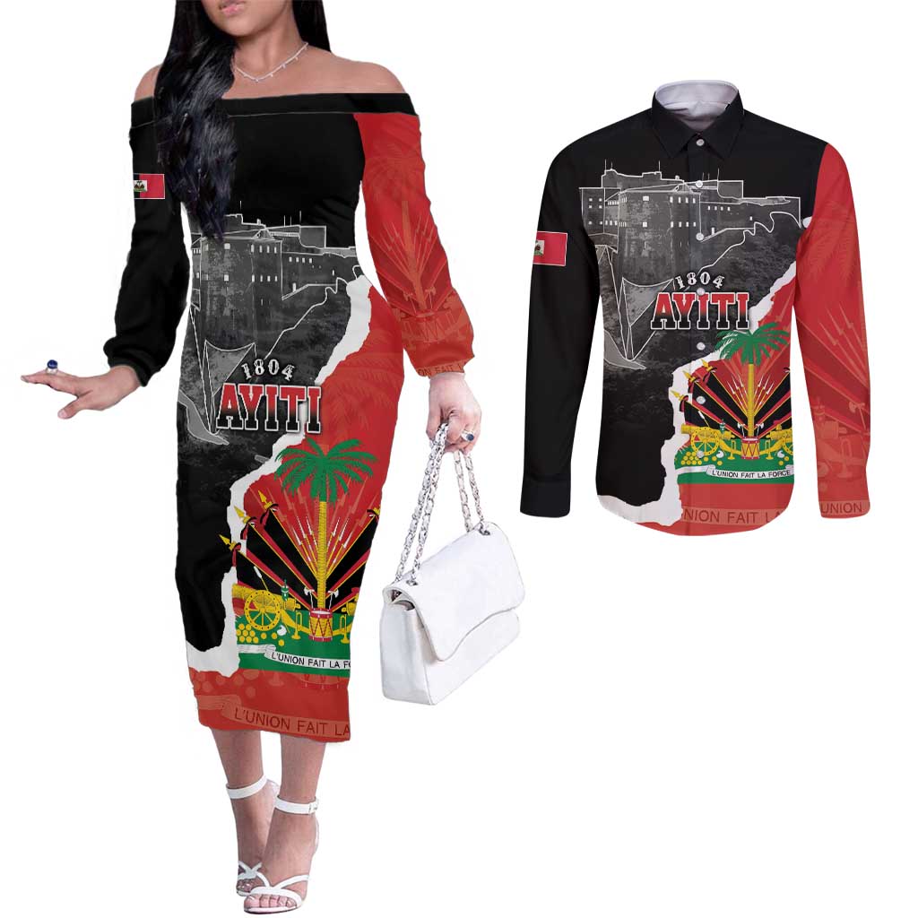 Personalized Haiti First Black Republic 1804 Couples Matching Off The Shoulder Long Sleeve Dress and Long Sleeve Button Shirt Ayiti Citadel Laferriere