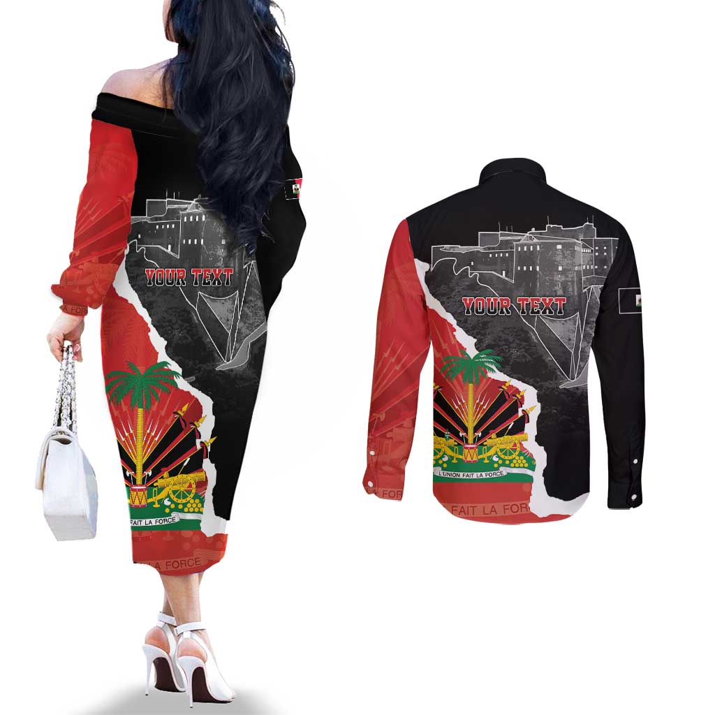 Personalized Haiti First Black Republic 1804 Couples Matching Off The Shoulder Long Sleeve Dress and Long Sleeve Button Shirt Ayiti Citadel Laferriere