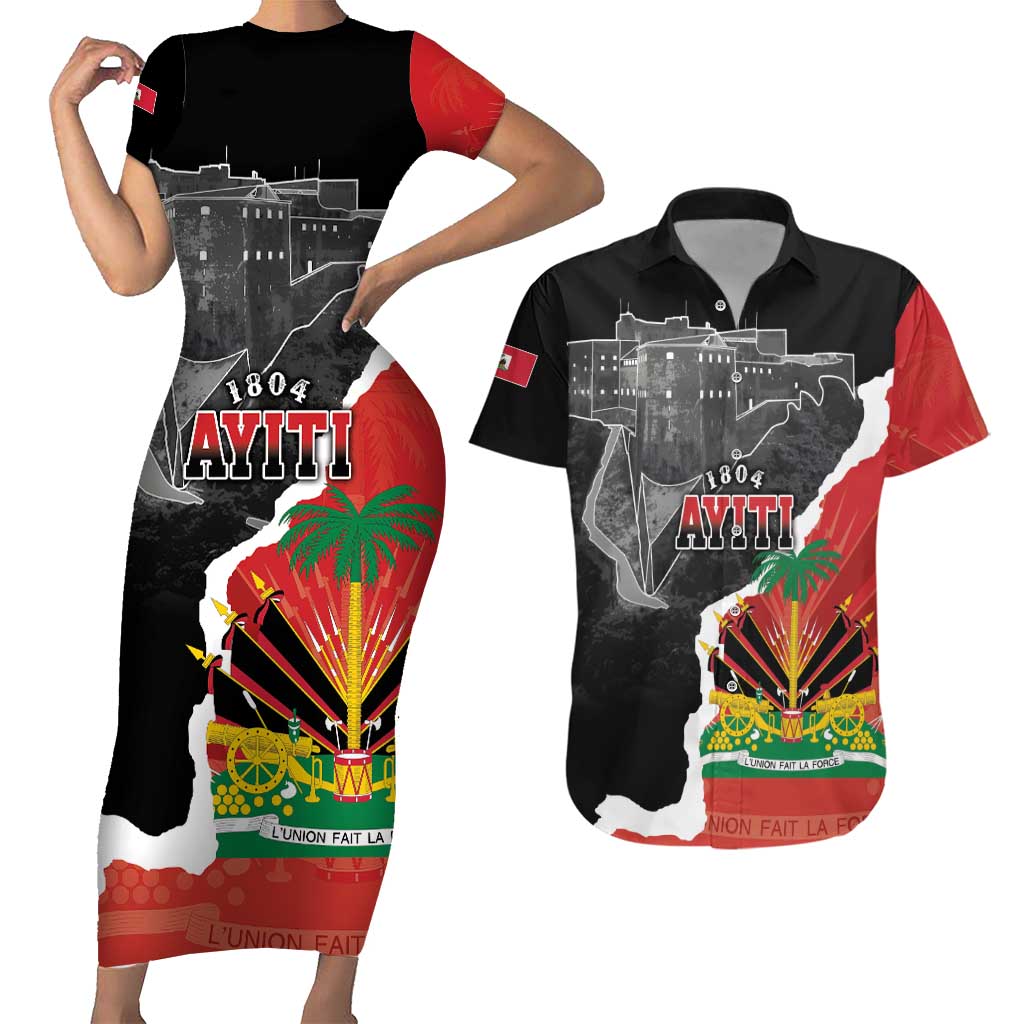 Personalized Haiti First Black Republic 1804 Couples Matching Short Sleeve Bodycon Dress and Hawaiian Shirt Ayiti Citadel Laferriere