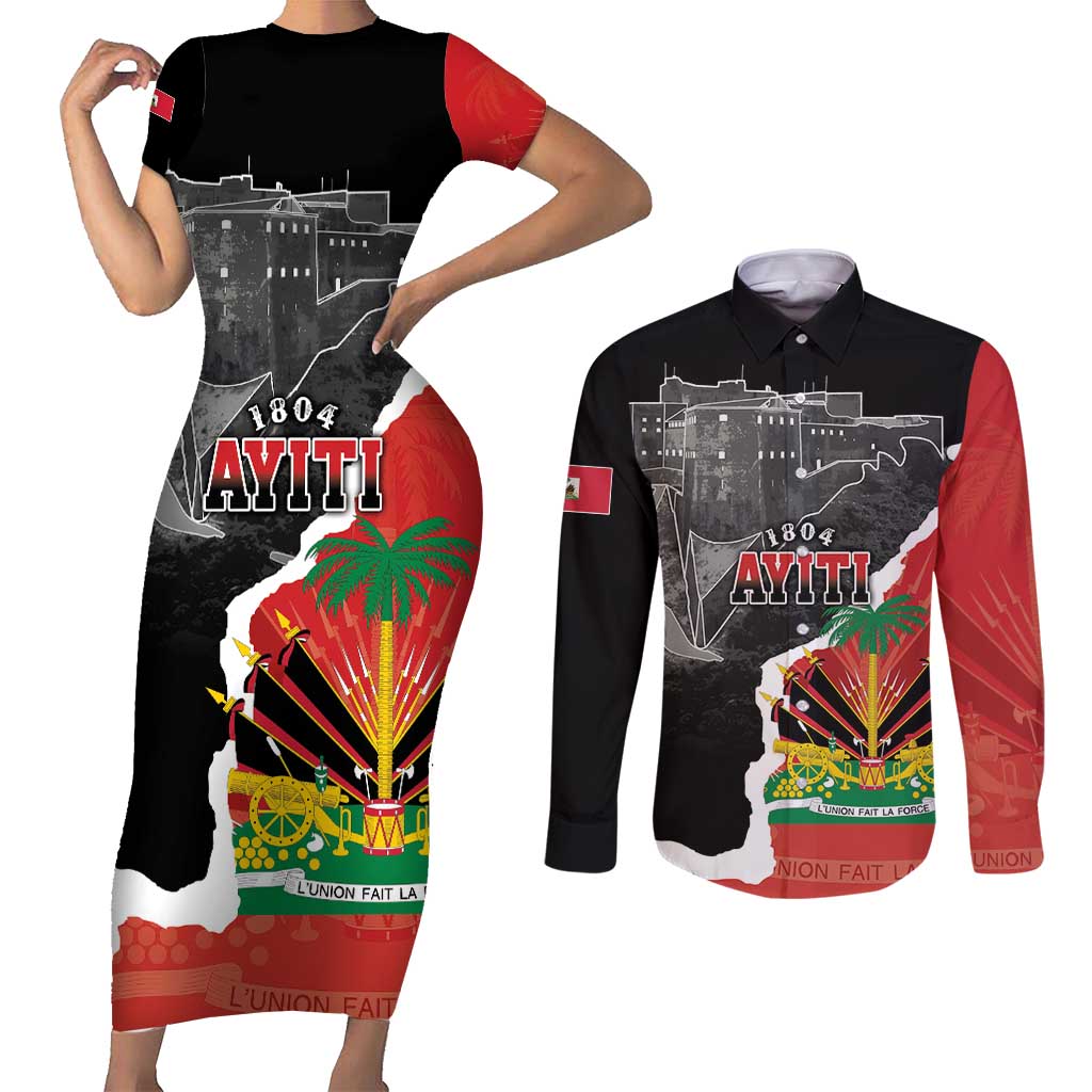 Personalized Haiti First Black Republic 1804 Couples Matching Short Sleeve Bodycon Dress and Long Sleeve Button Shirt Ayiti Citadel Laferriere