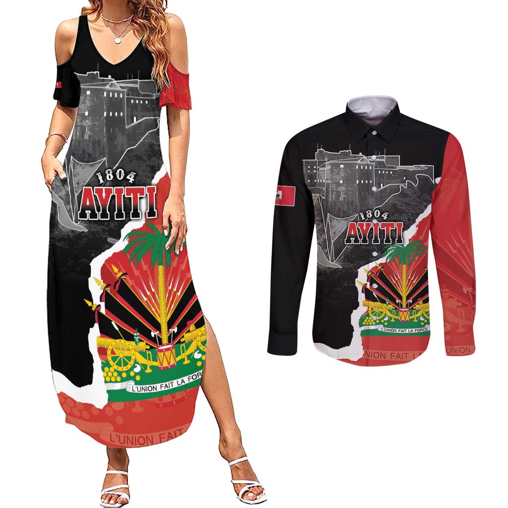 Personalized Haiti First Black Republic 1804 Couples Matching Summer Maxi Dress and Long Sleeve Button Shirt Ayiti Citadel Laferriere