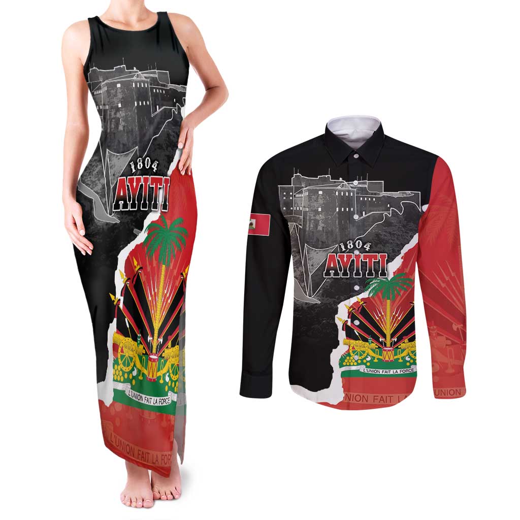 Personalized Haiti First Black Republic 1804 Couples Matching Tank Maxi Dress and Long Sleeve Button Shirt Ayiti Citadel Laferriere