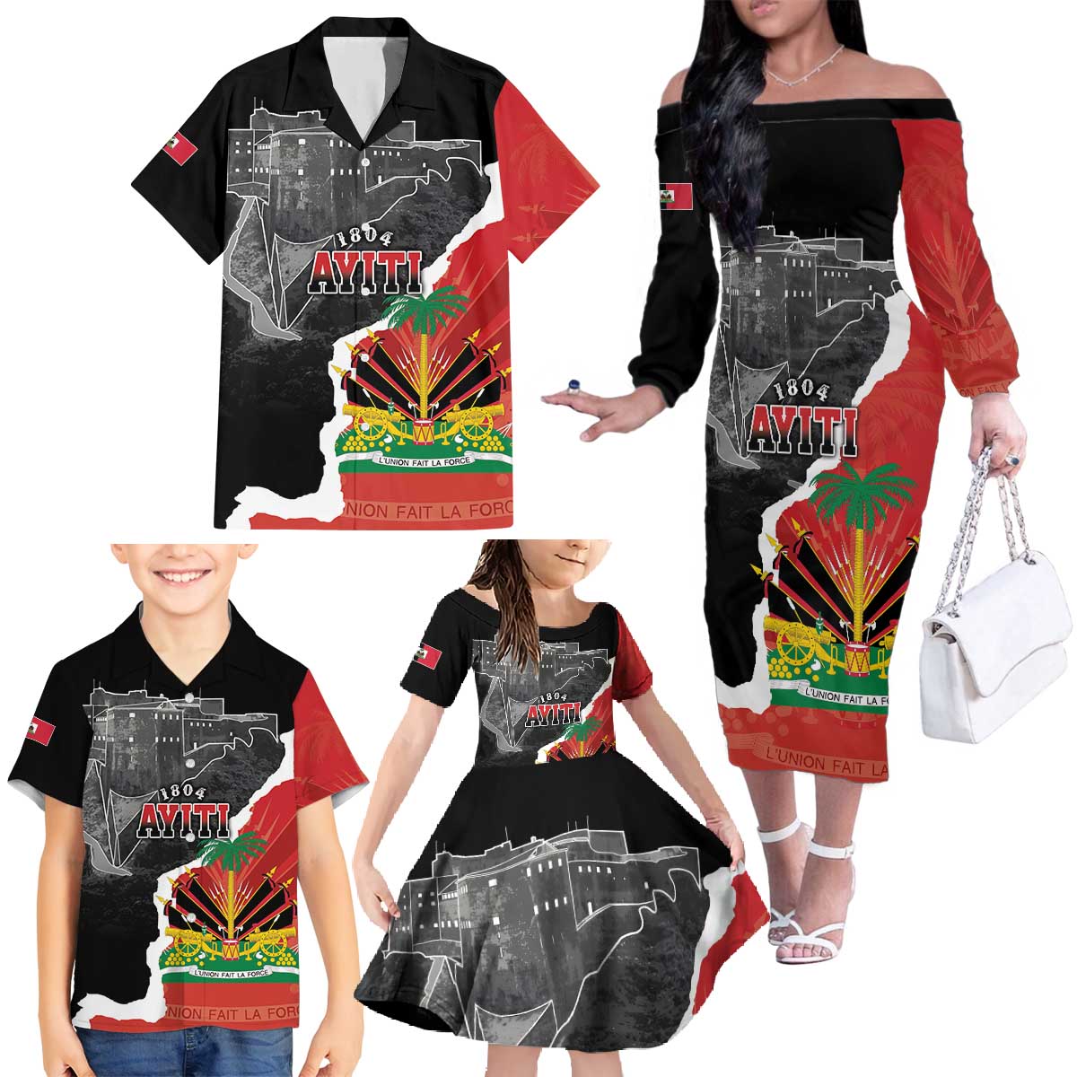 Personalized Haiti First Black Republic 1804 Family Matching Off The Shoulder Long Sleeve Dress and Hawaiian Shirt Ayiti Citadel Laferriere