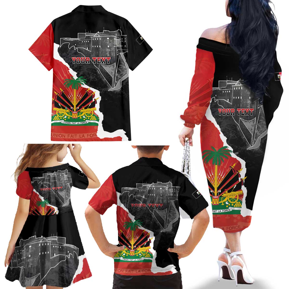Personalized Haiti First Black Republic 1804 Family Matching Off The Shoulder Long Sleeve Dress and Hawaiian Shirt Ayiti Citadel Laferriere