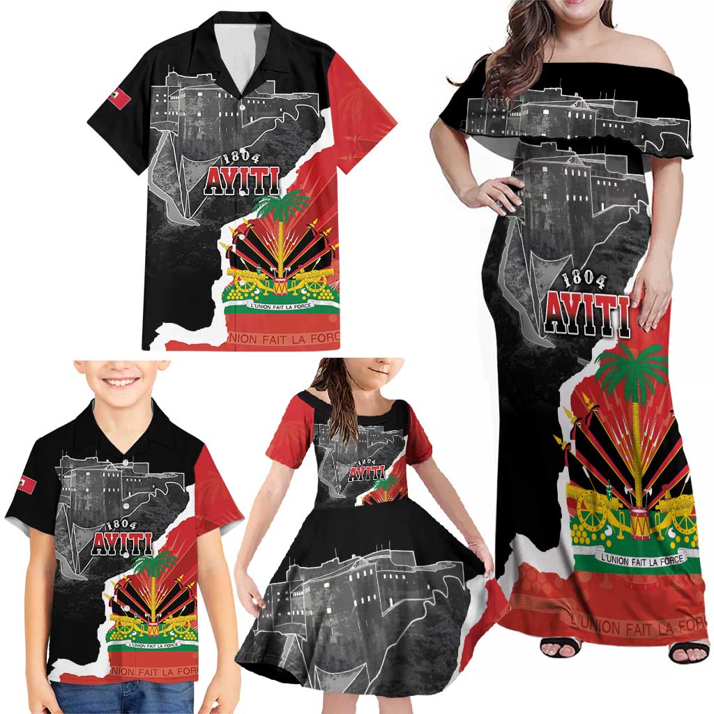Personalized Haiti First Black Republic 1804 Family Matching Off Shoulder Maxi Dress and Hawaiian Shirt Ayiti Citadel Laferriere