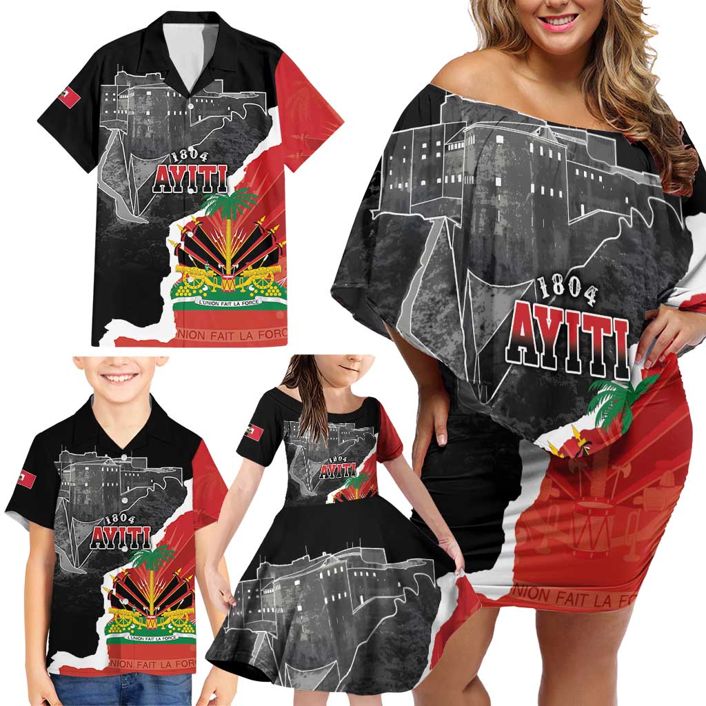 Personalized Haiti First Black Republic 1804 Family Matching Off Shoulder Short Dress and Hawaiian Shirt Ayiti Citadel Laferriere