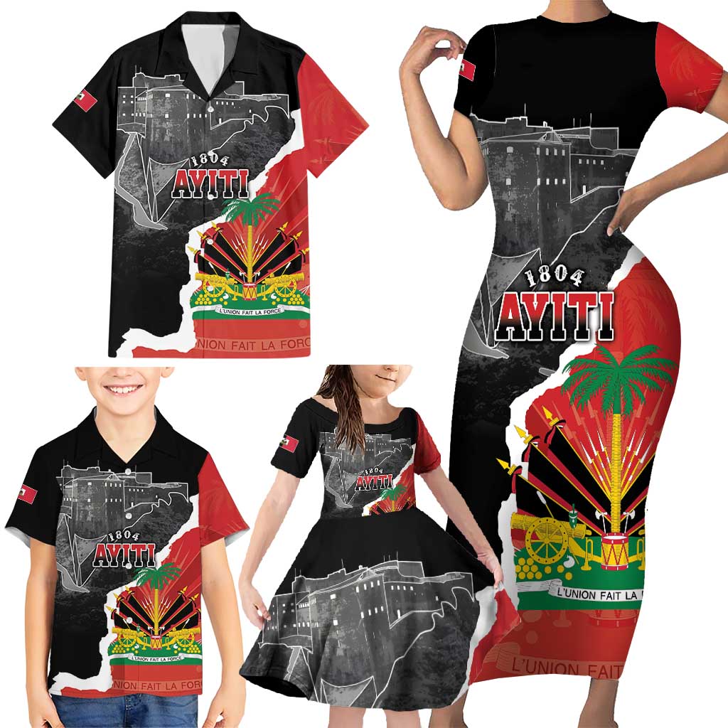 Personalized Haiti First Black Republic 1804 Family Matching Short Sleeve Bodycon Dress and Hawaiian Shirt Ayiti Citadel Laferriere